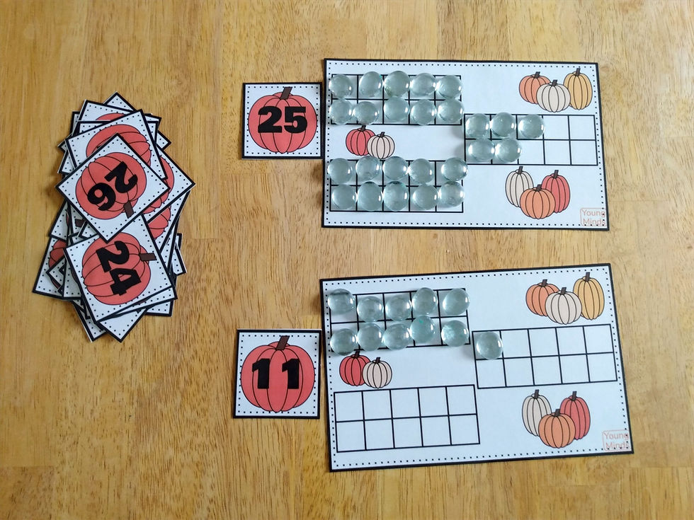 Pumpkin themed ten frame mats with manipulatives