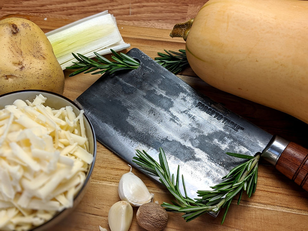 potato, leeks, gruyere cheese, garlic, rosemary, butternut squash and classic cleaver