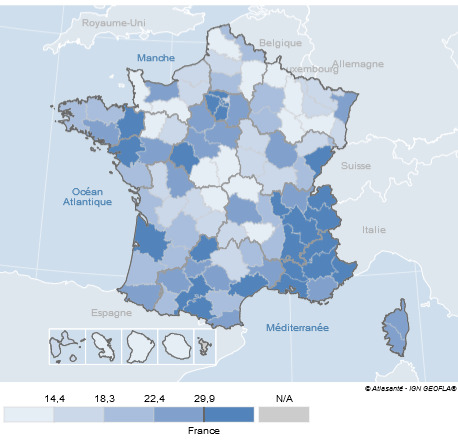 Densité de psychologues libéraux (pour 100 000 hab.