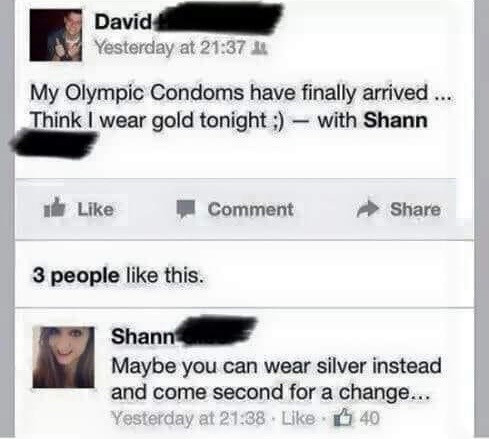 My Olympic condoms finally came in. Wear gold tonight. Why don’t you wear silver & come in 2nd for once