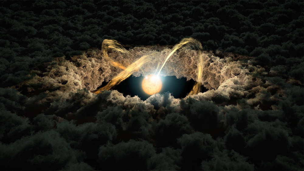This artist’s interpretation shows a young star pulling material onto its surface from its surrounding environment (a process known as accretion) and gaining mass. (Image credit: NASA/JPL-Caltech)