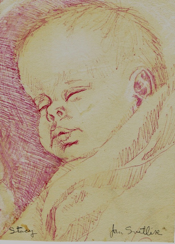 Pen and ink of Stacya as a baby, by Jan Svetlik