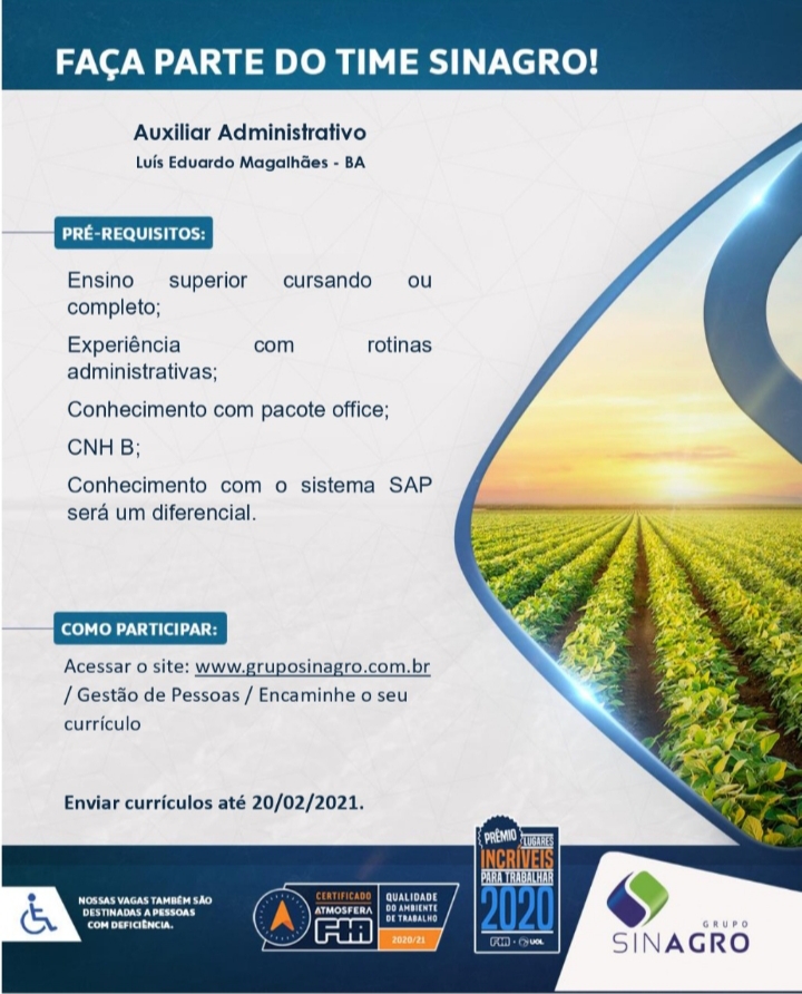 Vaga para Auxiliar Administrativo no Grupo Sinagro content media