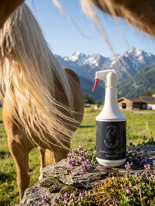 Alps Essence Mähnenspray product image with beautiful flowing horse mane and scenic alpine