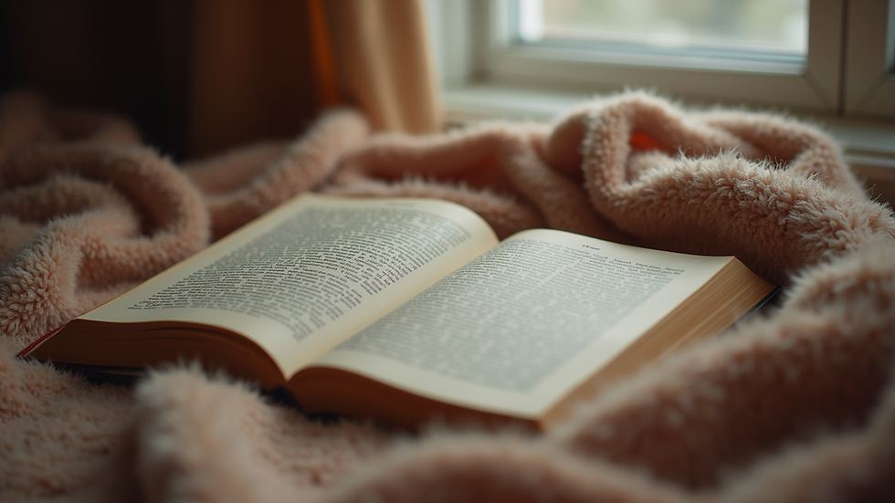 Close-up view of a cozy reading nook with a warm blanket and a book