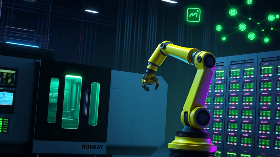Hyperrealistic 3D render of a futuristic dark smart factory. A dynamic landscape view of a