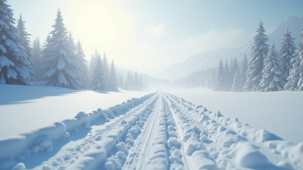 Wide angle view of a snowy landscape with ski tracks