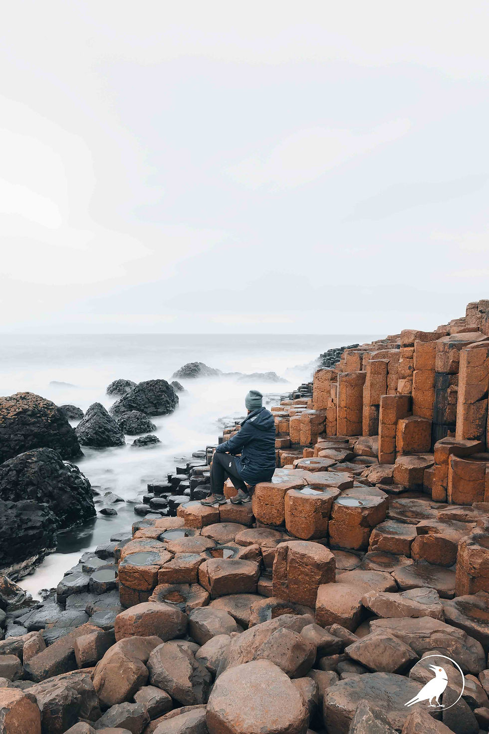 Person in a blue jacket sits on basalt columns by a misty rocky coast, looking at waves under a pale cloudy sky.