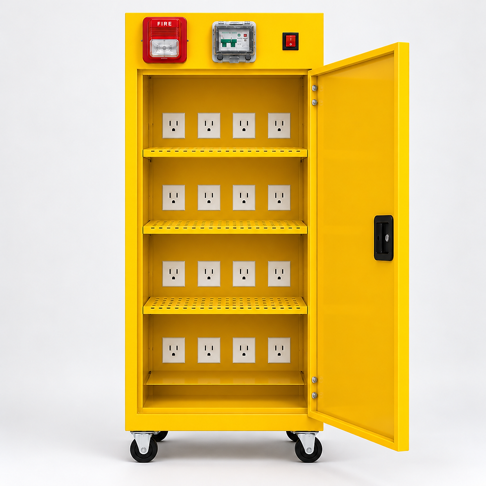 Mid-Size battery charging cabinet interior with 16 outlets and 3 perforated shelves