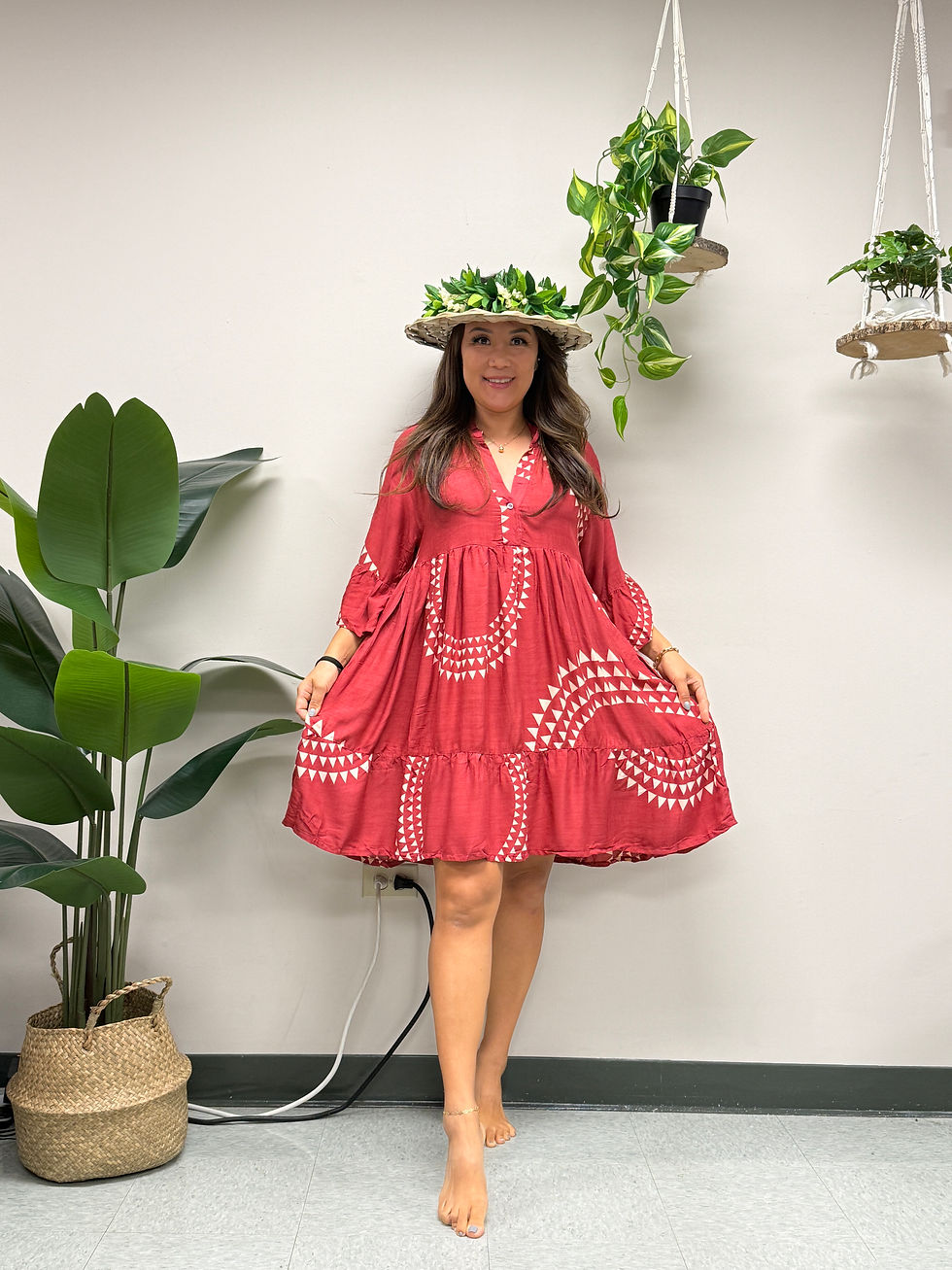 Maile Dress - Triangle - Red Dahlua/Soft Pink