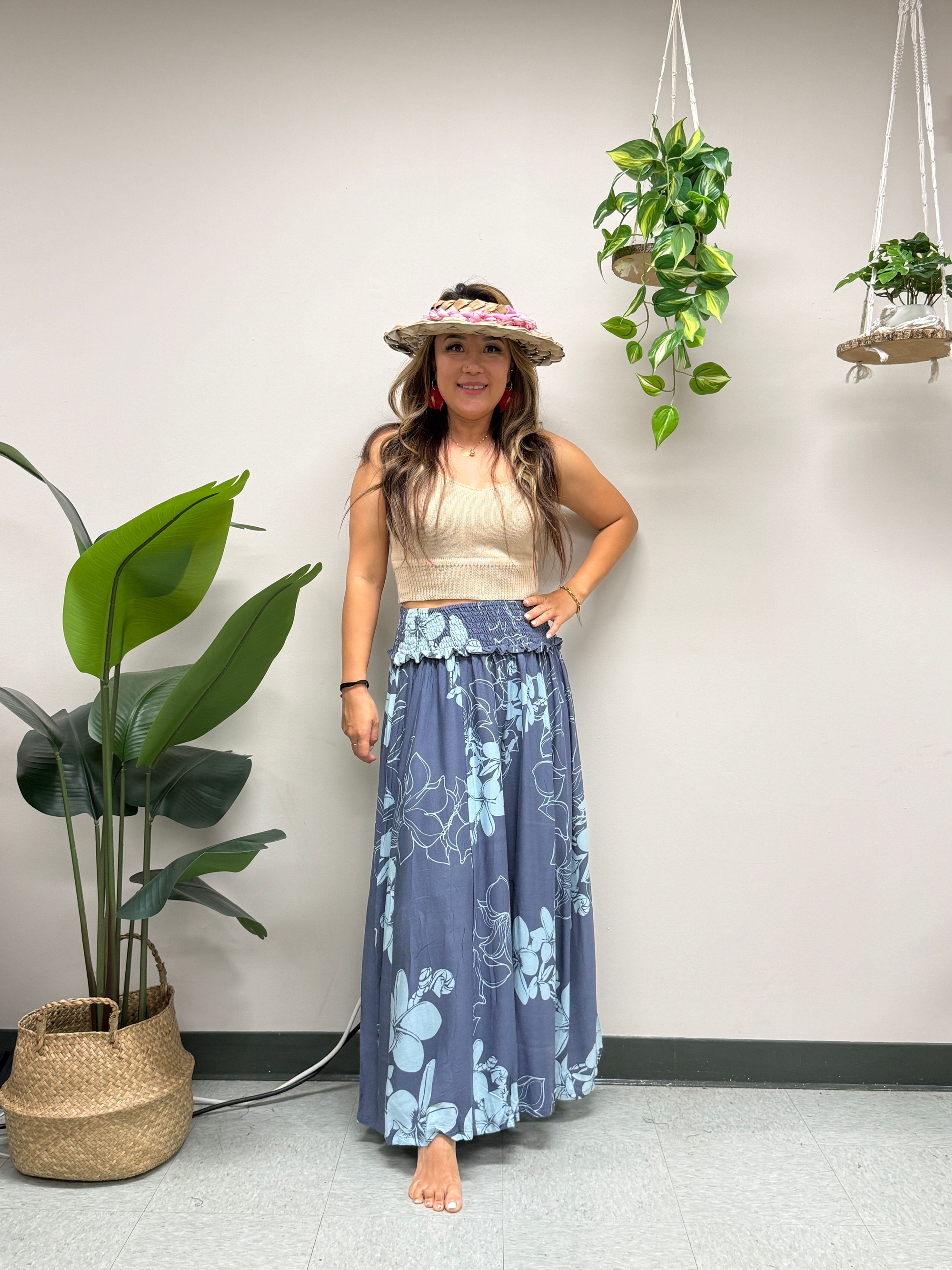 Poipu Pants - Plumeria Lei - Volcanic Glass/Eggshell Blue