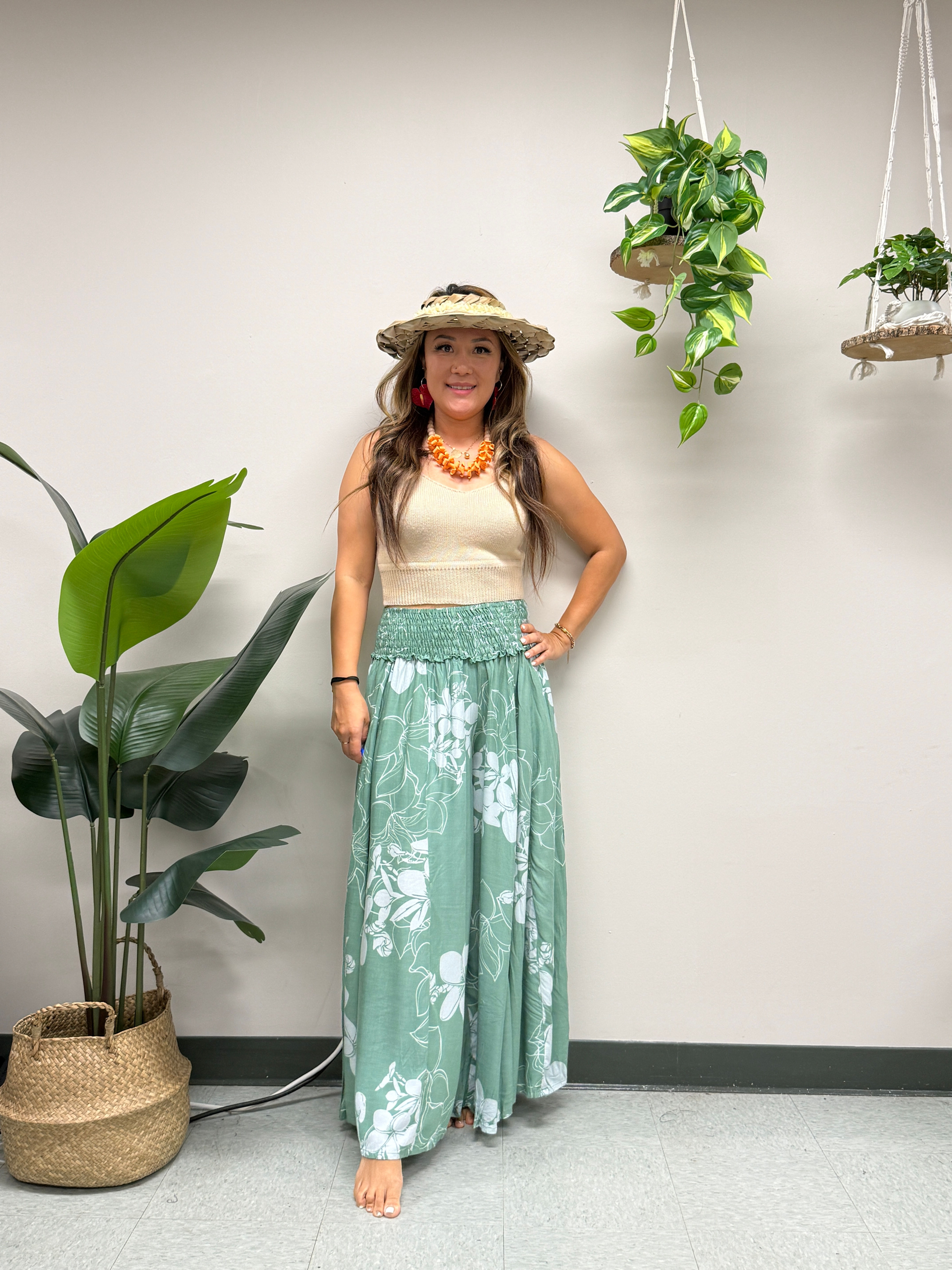 Poipu pants- Plumeria Lei - Kashmir/Bright White