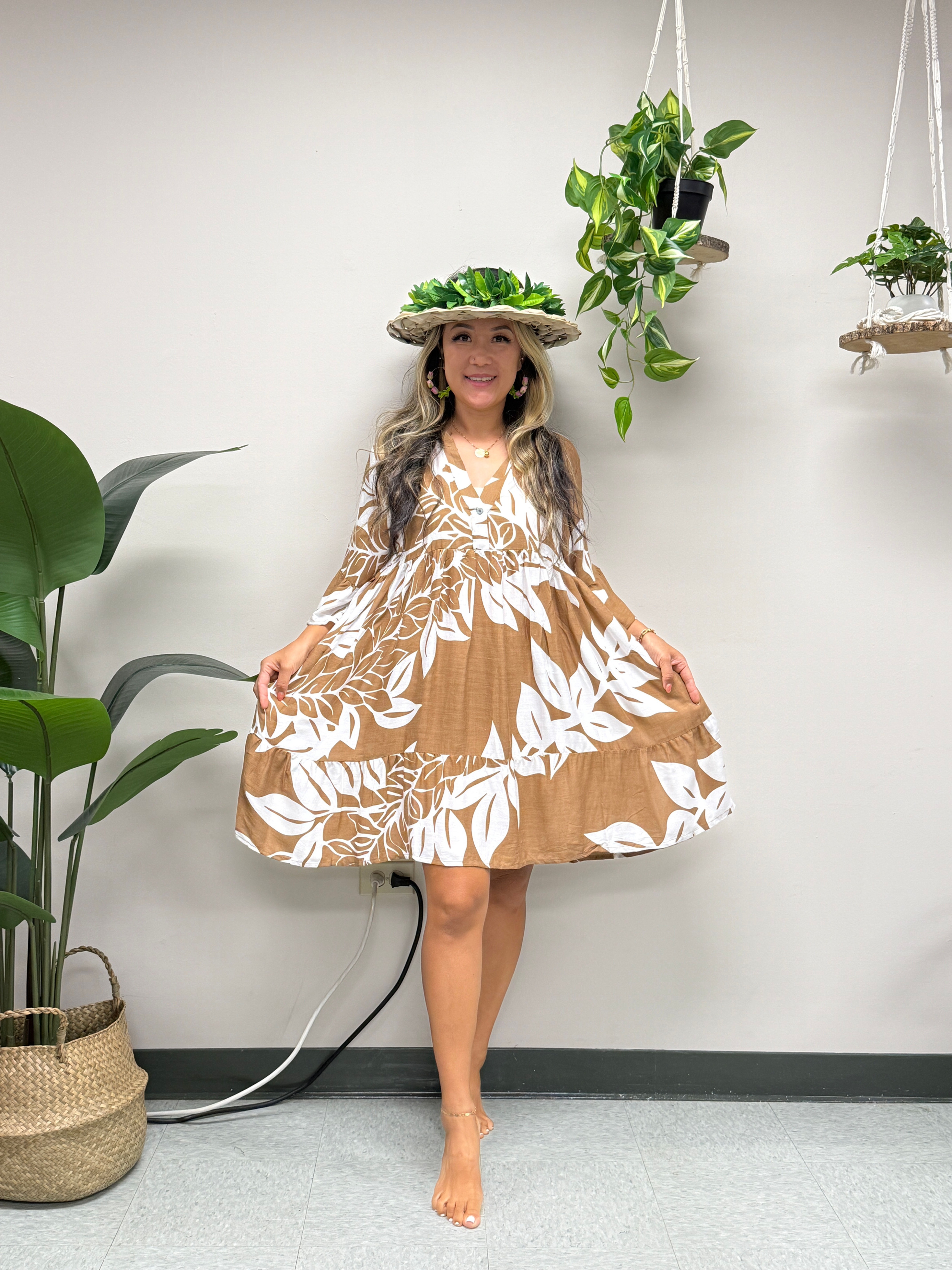 Maile Dress - Maile lei - Caramel Cafe/White