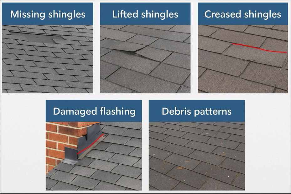 Wind damage examples on roof