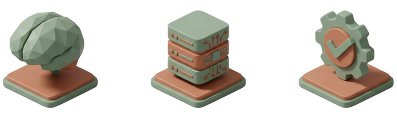 3D icons representing enterprise AI components—decision logic, data systems, and automated workflows in a multi-agent architecture.