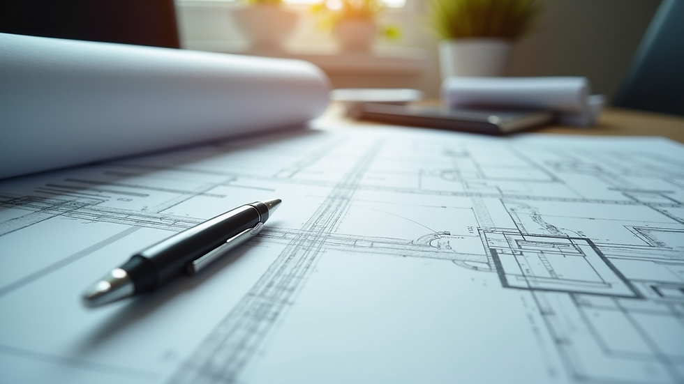 Close-up view of architectural blueprints and design tools on a desk