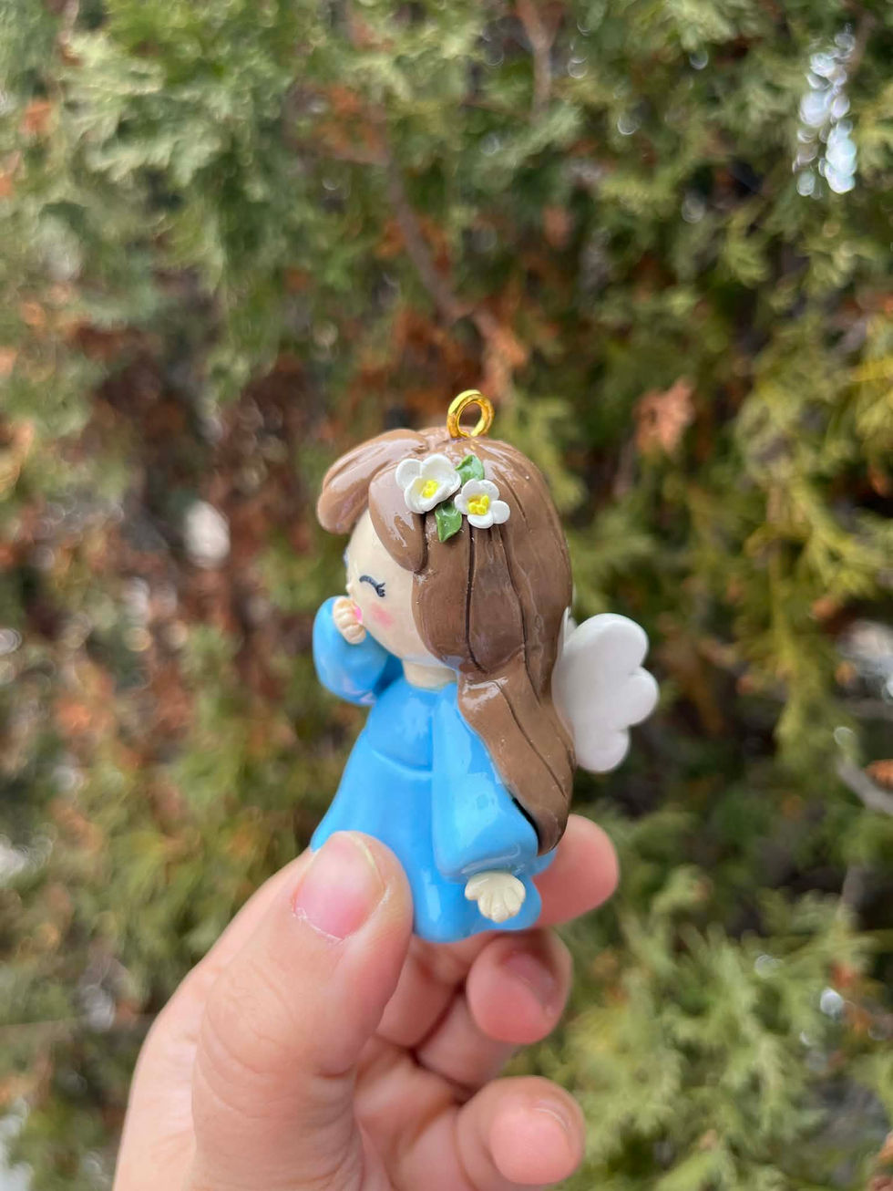 Customized Christmas ornament handmade in Toronto: Angel in polymer clay, finished with UV resin