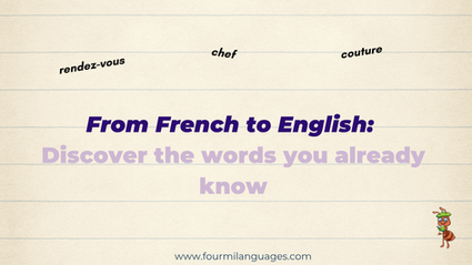 A light notebook-style background with French words and a headline inviting readers to discover familiar French terms in English.