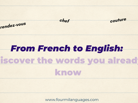 A light notebook-style background with French words and a headline inviting readers to discover familiar French terms in English.