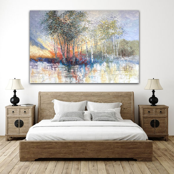 Birch and water morning scene adds to bedroom beauty and mood