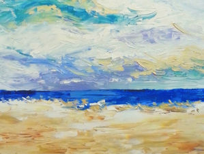 Wide beach horizon painting with calm horizontal bands of sand, water, and sky, creating a sense of rest and emotional balance