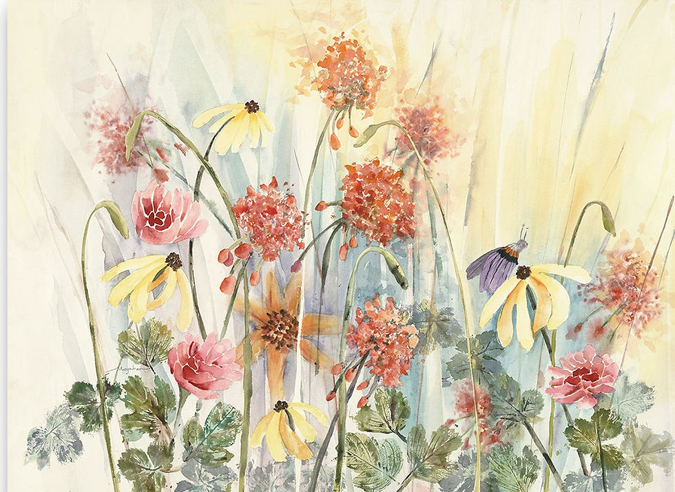 Summer flower garden of geraniums , daisies, and butterfly Giclee print by Kate Moynihan artist.