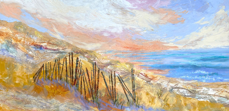 Original 24x48 oil painting of Lake Michigan sand dunes at sunset, with a weathered snow fence, warm golden sky, and subtle g