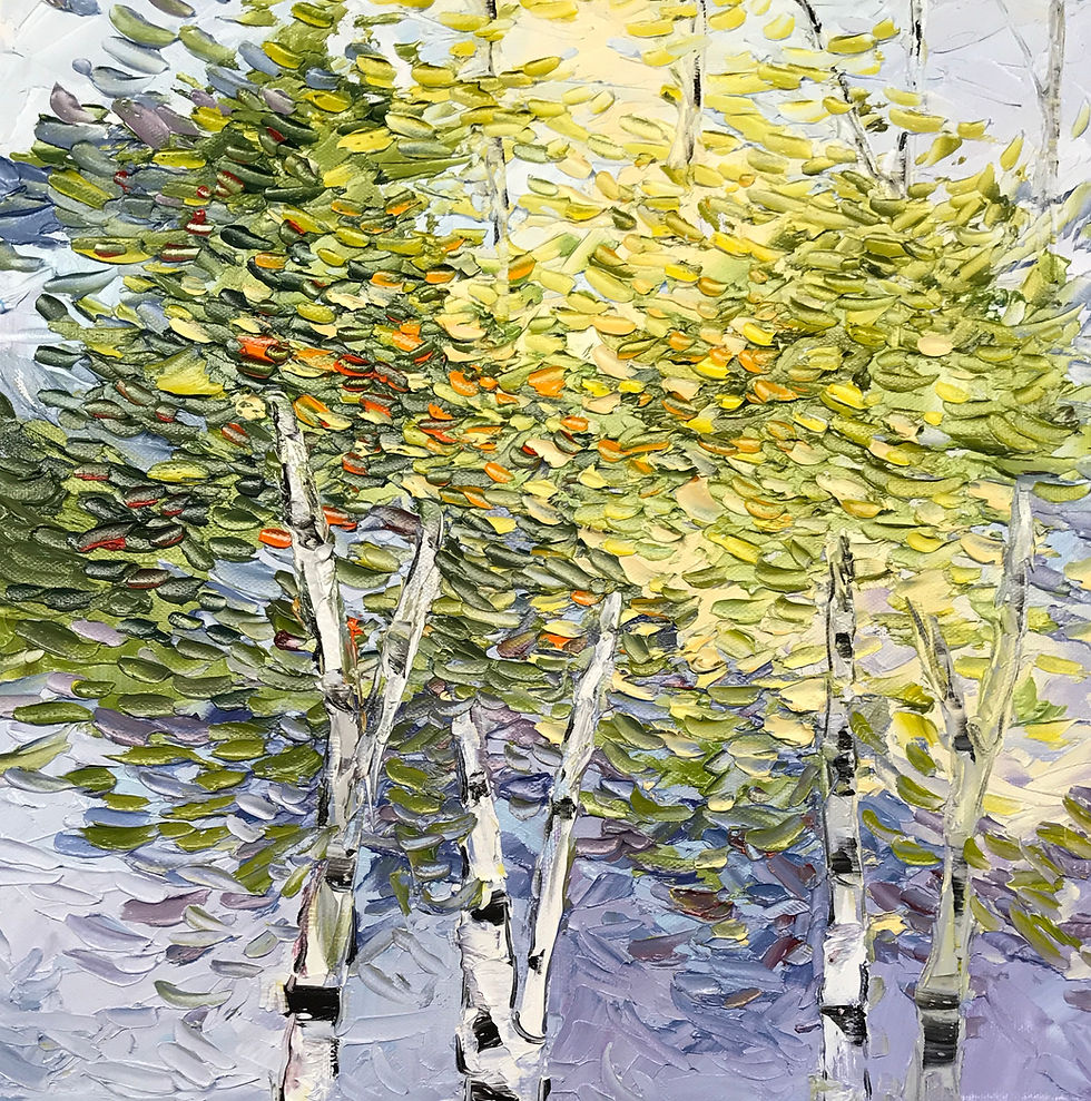 Small birch tree landscape palette knife oil painting by Kate Moynihan