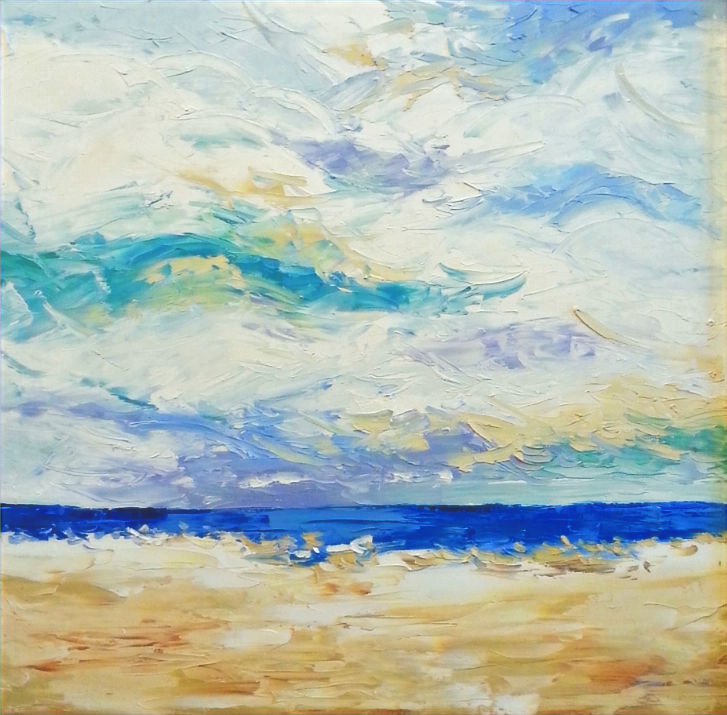 Lake Michigan horizon painting in soft neutral tones representing evolving home decor style and calm interior design inspiration.