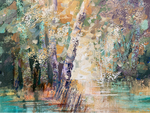 Soft water reflections in layered greens and blues, creating a calm, still surface that supports relaxation and mental ease