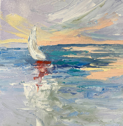 Original 8 x 8 oil painting of small sailboat moving across blue water beneath a soft pastel sky