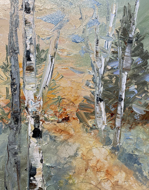 Small birch tree painting with textured golden path leading you forward in life