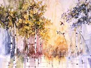 Watercolor painting of birch trees and three geese flying across a golden sky, with their heads pointed inward, creating balance and harmony in the composition.