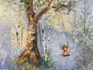 Oil painting by Kate Moynihan of a young girl on a tire swing in golden light, symbolizing joy, resilience, and restarting in midlife.