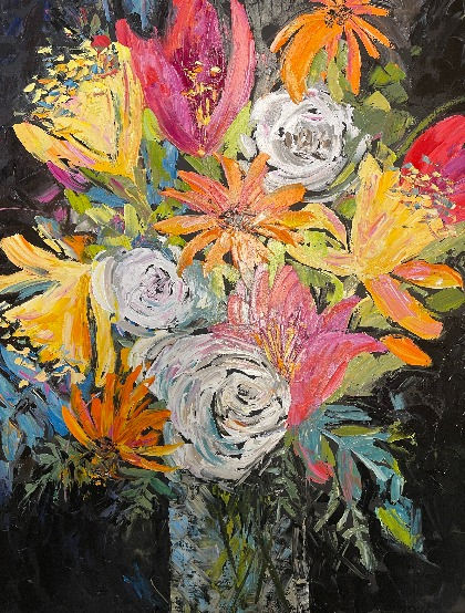 Original tulip painting packed in a bright colorful bouquet against black background