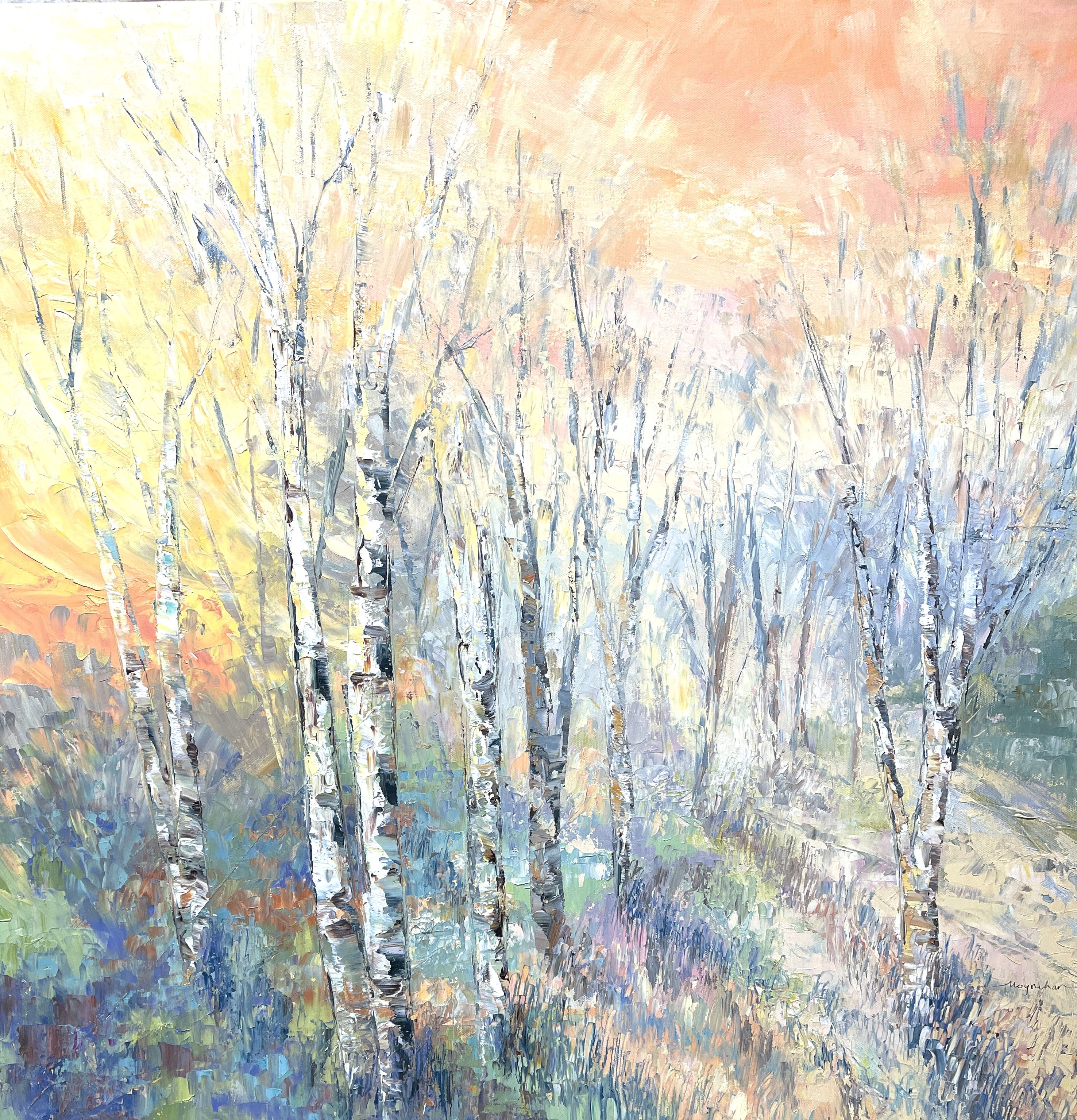 Oil painting of birch trees in soft morning light with warm golden sky and cool blue and green landscape.