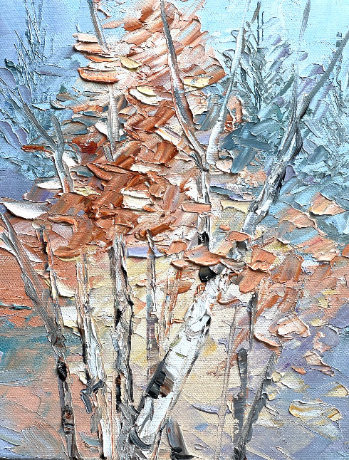 Small original oil painting of birch trees and treetop leaves in peach and creams