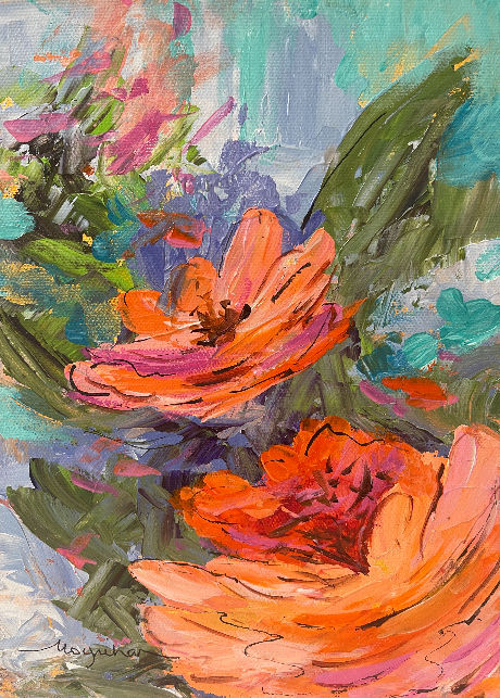“Vibrant floral painting with bold orange and pink petals against aqua and lavender brushstrokes, by Kate Moynihan.