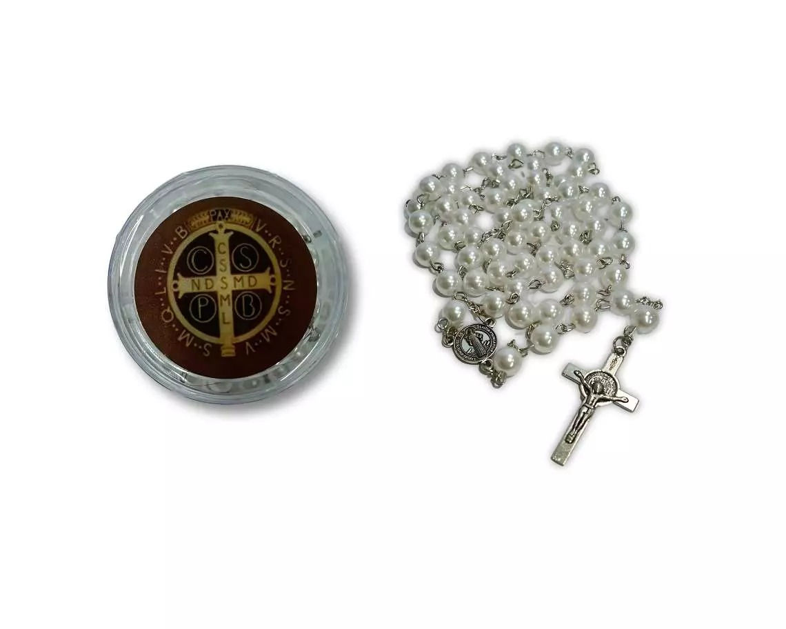 Terço São Bento Pérola Prateado Caixinha Redonda - 12 Unidades