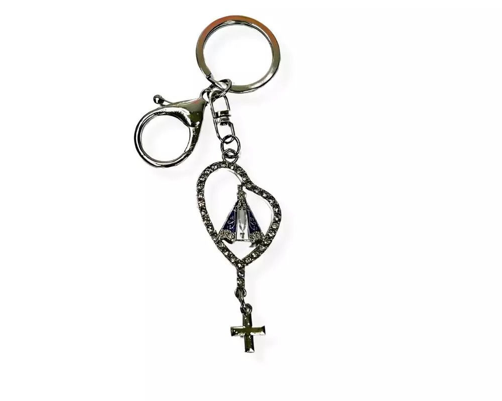 Chaveiro Mosquetão Prateado Nossa Sra. Aparecida Fundo Branco Terço - 12 Unid.