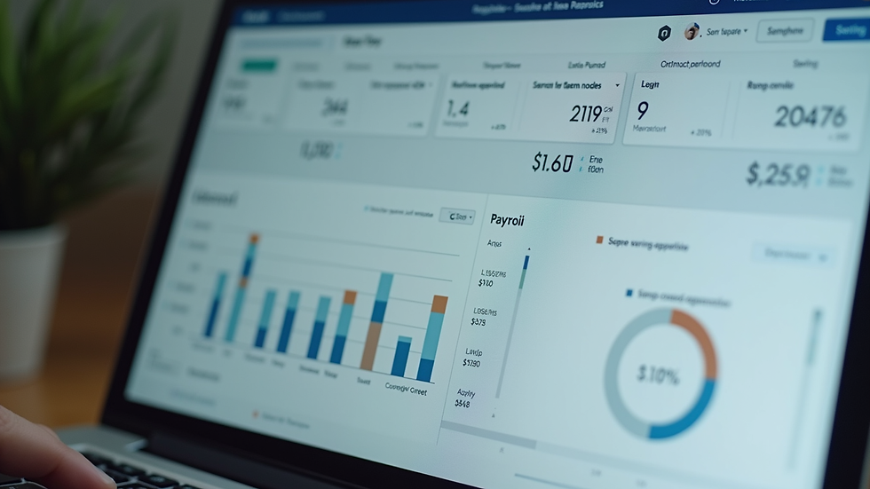 Close-up view of a computer screen showing payroll software dashboard