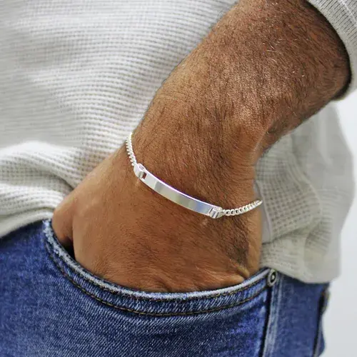 Pulseira de Prata de Placa & corrente grummet.