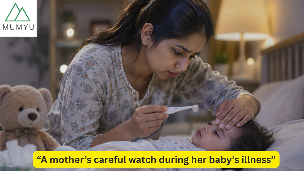 "Concerned mother monitoring an unwell baby"