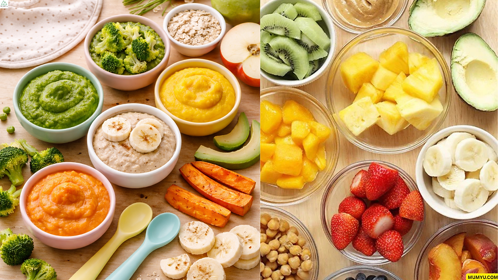 "Healthy homemade baby food with mashed vegetables, fruit bowls, and soft textures suitable for first foods"