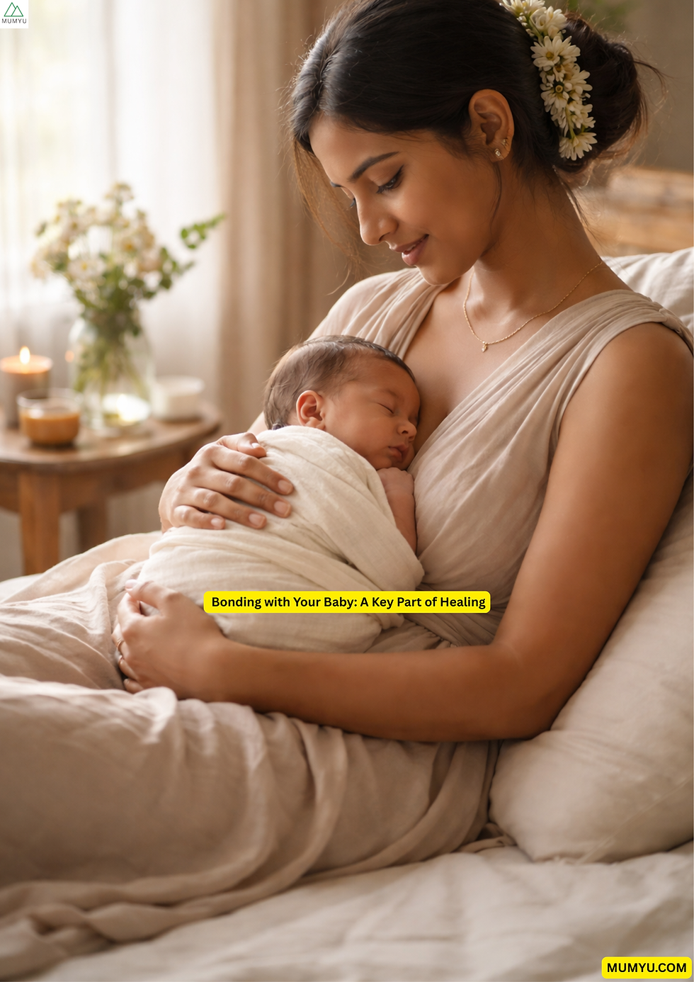 "Mother and newborn bonding in a peaceful postpartum moment"