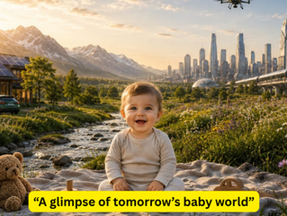 "Happy baby in a futuristic eco-friendly city"