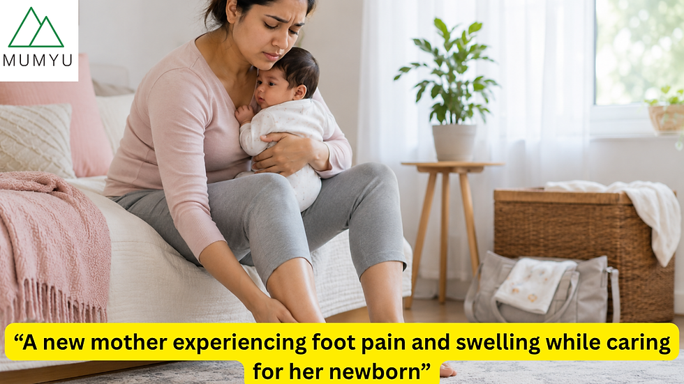 "Postnatal foot swelling affecting a new mother during everyday baby care"