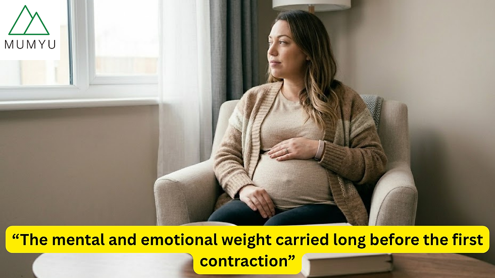 "A close-up of a pregnant woman sitting in an armchair with her hands resting on her baby bump"