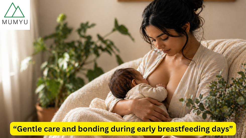 "Mother gently supporting her baby during feeding time"