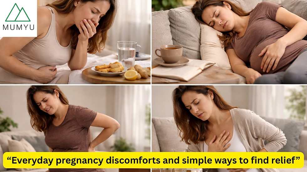 "Pregnant woman managing multiple pregnancy symptoms with rest and care"